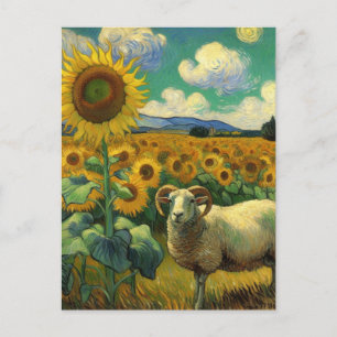 Een schaap met hoorns in het zonnebloemveld Van Go Briefkaart