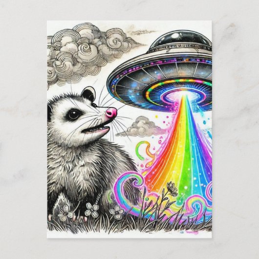 Een schattig opossum en een ufo briefkaart (Voorkant)