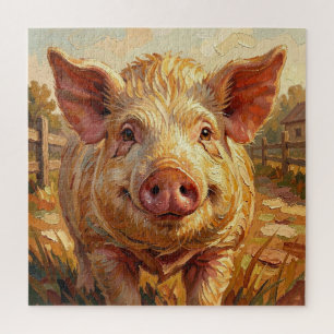 Een schattig varken op een modderige boerderij legpuzzel