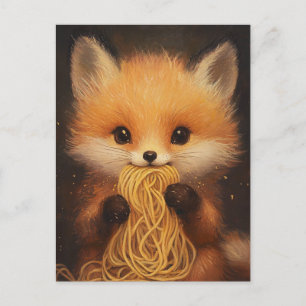Een schattige baby rode vos die spaghetti eet briefkaart