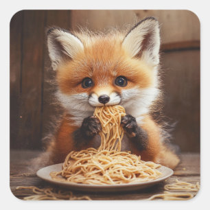 Een schattige baby rode vos die spaghetti eet vierkante sticker
