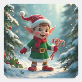 Een schattige elf met een snoepstokje vierkante sticker