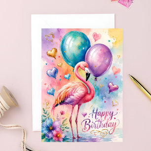 Een schattige flamingo met ballonnen hart verjaard kaart