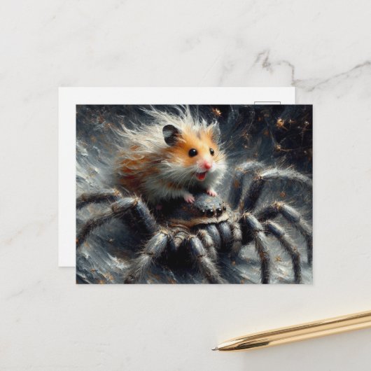 Een schattige hamster die op een reuzenspin rijdt briefkaart (Voorkant / Achterkant in situ)
