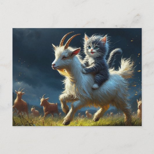 Een schattige kat die op een geit rijdt briefkaart (Voorkant)