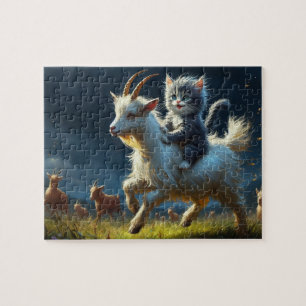 Een schattige kat die op een geit rijdt legpuzzel