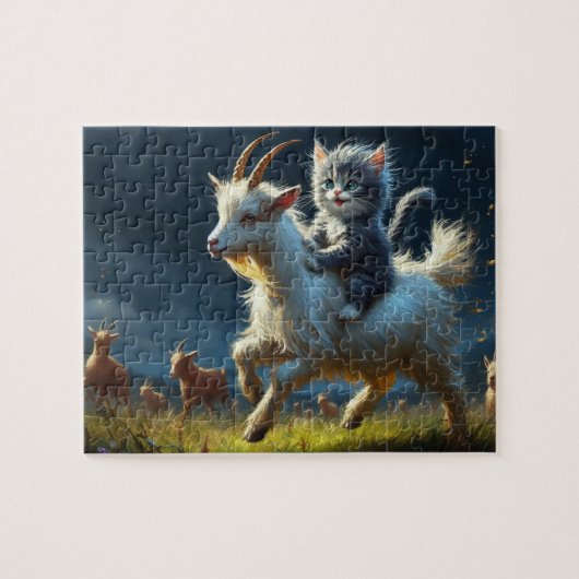 Een schattige kat die op een geit rijdt legpuzzel (Horizontaal)