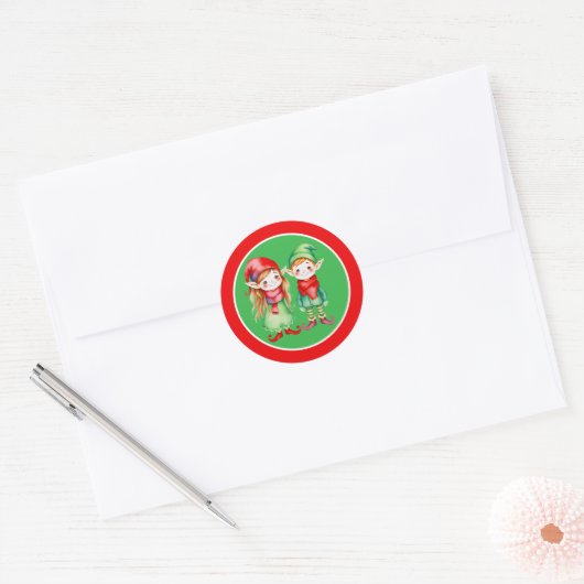 Een Schattige meisje en jongen Elf Kerstmis Ronde Sticker (Envelop)