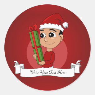 Een schattige peuter met een kerstcadeau ronde sticker