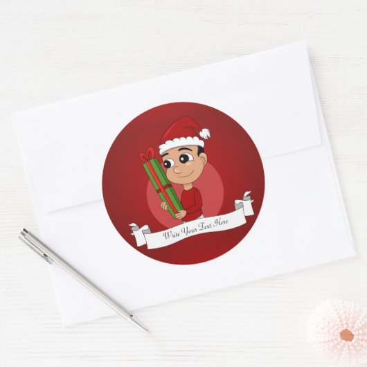 Een schattige peuter met een kerstcadeau ronde sticker (Envelop)