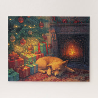 Een schattige puppy die slaapt bij een open haard legpuzzel