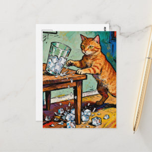 Een schattige rode kat slaat een glas ijs omver briefkaart