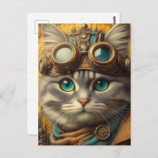 Een schattige steampunk grijze kat briefkaart (Voorkant / Achterkant)
