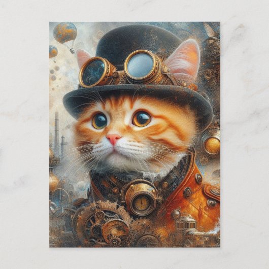 Een schattige steampunk kat briefkaart (Voorkant)