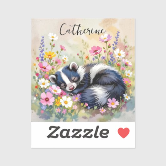 Een Schattige Stinkdier Die Slaapt in Bloemen Pers Sticker (Vel)