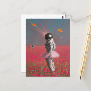 Een schattige surrealistische astronaut met een di briefkaart