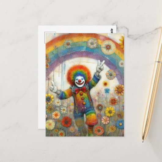 Een Schattigee clown in een regenboog Briefkaart (Voorkant / Achterkant in situ)