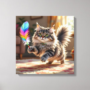 Een Schattigee donzige kat die een veer achterna z Canvas Afdruk
