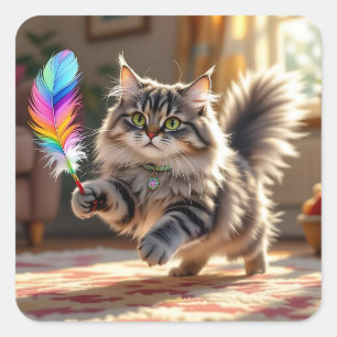 Een Schattigee donzige kat die een veer achterna z Vierkante Sticker