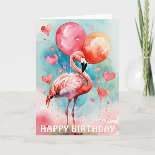 Een Schattigee flamingo met ballons hart verjaarda Kaart (Voorkant)