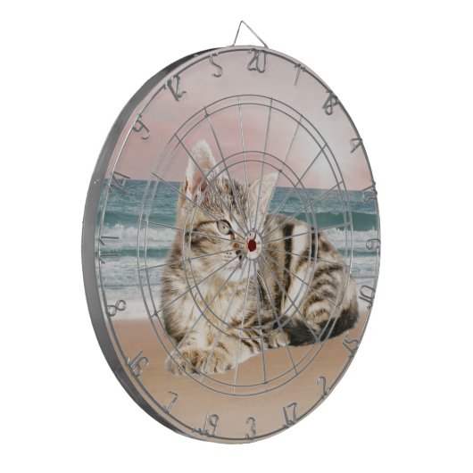 Een Schattigee Gestreepte Kat Zittend op Strand me Dartbord (Voorkant Links)