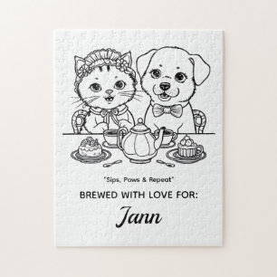 Een Schattigee kat en hond Tea Party Jigsaw Puzzel