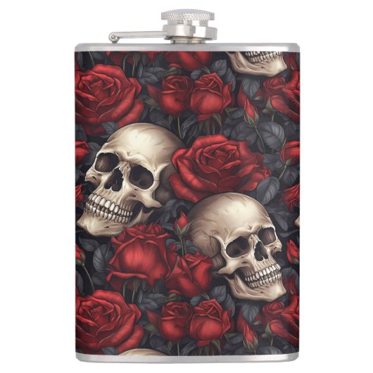 Een schedel en Rozen serie Design 10 Heupfles (Voorkant)