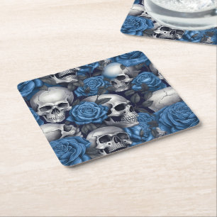 Een schedel en Rozen serie Design 12 Vierkante Kartonnen Onderzetter