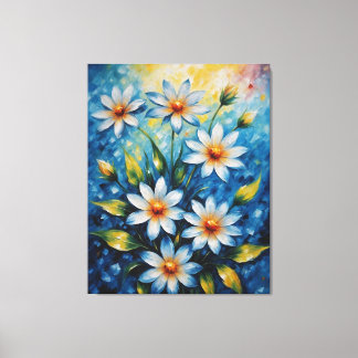 Een schilderij van bloemen op een blauwe achtergro canvas afdruk