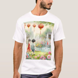 Een schilderij van een echtpaar in een tuin met ee t-shirt