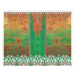 Een schilderij van een groen veld met een oranje r kalender
