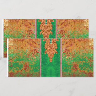 een schilderij van een groen veld met een oranje r menu