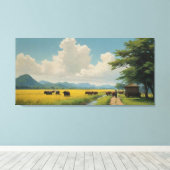 Een schilderij van een groep koeien in een veld vi canvas afdruk (Insitu (Houten vloer))