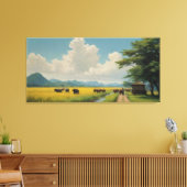 Een schilderij van een groep koeien in een veld vi canvas afdruk (Insitu (Woonkamer))