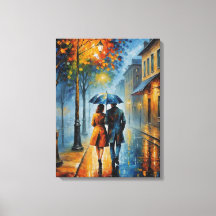 Een schilderij van een koppel dat op een regenacht