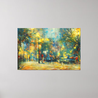 Een schilderij van een park met bomen en lichten canvas afdruk