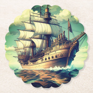 Een schilderij van een schip met de zeilen naar be kartonnen onderzetters