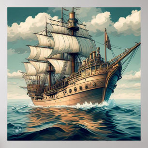 Een schilderij van een schip met de zeilen naar be poster