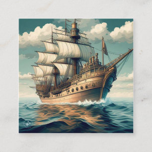 Een schilderij van een schip met de zeilen naar be vierkante visitekaartje