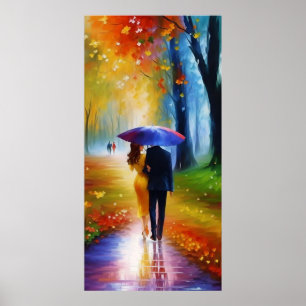 Een schilderij van een stel dat in de regen loopt poster