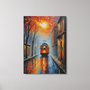 Een schilderij van een trein op een natte straat canvas afdruk