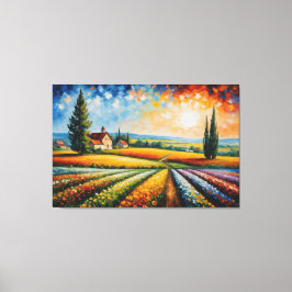 Een schilderij van een veld van bloemen regenboog canvas afdruk