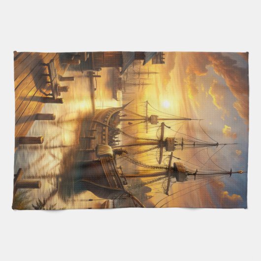 Een schip in de haven theedoek (Horizontaal)