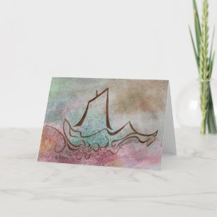 Een schip vaart met een briefkaart