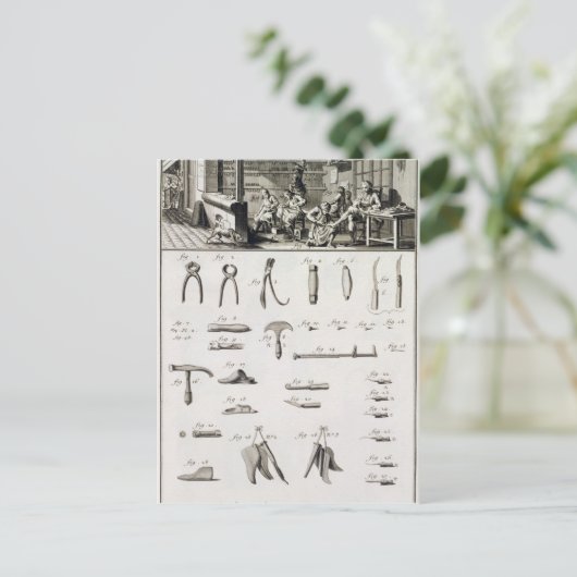 Een schoen en bootmaker en hun hulpmiddelen, van briefkaart (Staand voorkant)