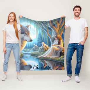 Een sereen moment tussen een Indiaan en een wolf Fleece Deken