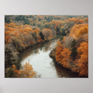 Een serene herfstige rivier die door een trillend poster