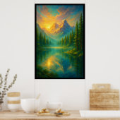 Een serene zonsopgang boven een spiegelmeer poster (Keuken)