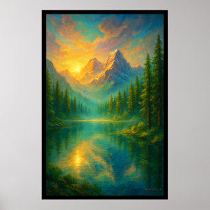 Een serene zonsopgang boven een spiegelmeer poster