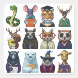 Een set van 12 Back to School Leuk Dier Vierkante Sticker